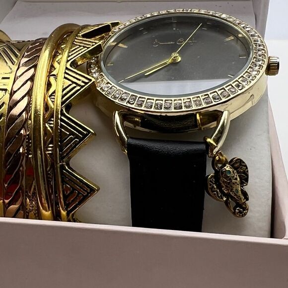 Jessica Carlyle Gold-Tone Black Strap Analog Watch & Bracelets New - Picture 4 of 6